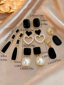 5pcs/Set Fashionable Casual French Elegant Asymmetrical Geometric Black Drip Glaze Heart & Faux Pearl Earrings, Chic Minimalist Design, High-End Earring Set Suitable For Women's Daily And Holiday Wear