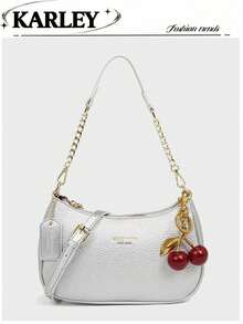 2025新款时尚经典百搭字母图案纯色PU皮革新月形单肩/腋下包，Y2K风格单肩/腋下包，适合购物，可斜挎 - 銀色 - 查看 6