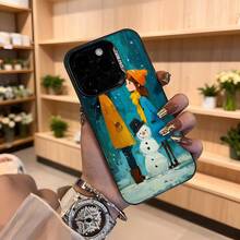 Cubierta de teléfono con diseño artístico azul con pareja y muñeco de nieve invierno para iPhone estética navideña Aplicable a los teléfonos de la serie Apple y Galaxy - Negro - Ver 4