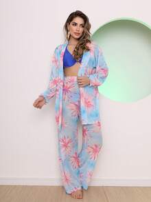 Printed Tulle Beach Cover-Up Shirt And Pants Set - 薄荷藍 - 查看 2