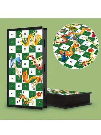 13*13厘米迷你磁性蛇梯棋盘游戏 - 便携式折叠策略游戏，彩色蛇梯棋子，耐用ABS材质，是家庭娱乐、聚会、露营和返校礼物的理想之选，也是派对游戏之夜的绝佳选择。趣味设计，坚固耐用。玻璃棋盘，国际象棋游戏，蛇梯棋游戏，磁性国际象棋，飞镖，趣味磁铁，游戏，国际象棋，磁性国际象棋，磁性国际象棋，玻璃棋盘，拼图