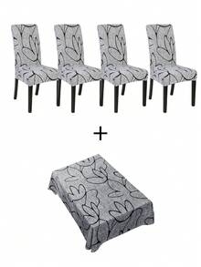 1 Set High Elastic Dining Chair Cover & Waterproof Tablecloth, Abstract Floral Pattern In Dark Grey - Multicolor - View 11
