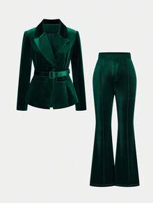 GLOURI Elegant Women's Long Sleeve Shawl Collar Velvet Pant Suit With Belted Regular Fit, A Non-Stretch Woven Fabric Two-Piece Set - 綠色 - 查看 3