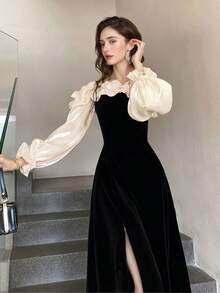 优雅中长连衣裙，复古黑色丝绒网纱长袖派对礼服，时尚露肩高开衩A字裙，适合圣诞节、新年、生日派对、通勤、正式场合。 - 黑色 - 查看 8