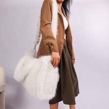 Long Strap Faux Fox Fur Tote - -Wide Large Capacity Tote Bag - White - View 1