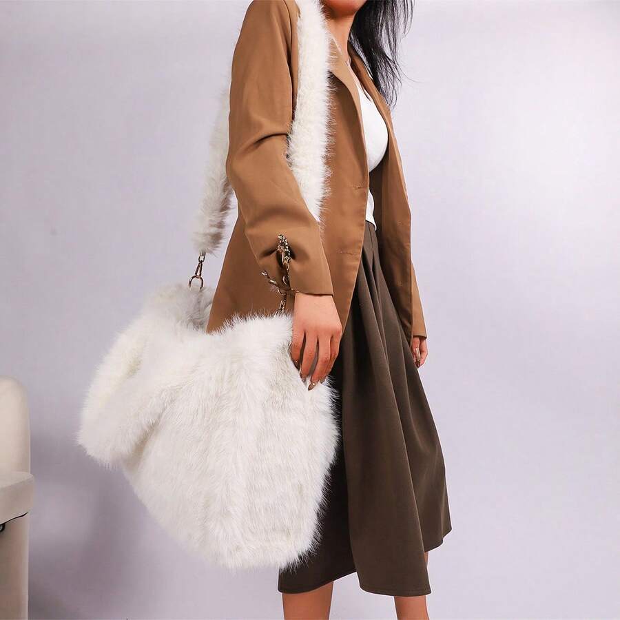 Long Strap Faux Fox Fur Tote - -Wide Large Capacity Tote Bag - White - View 1