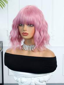 12 Inch Pink Short Curly Wave Wig With Bangs Synthetic Heat Resistant Wig For Women Comfortable And Stylish Suitable For Everyday Wear -Party Holiday Cosplay Or Festival Beautiful Wigs For Women - Pink - View 5