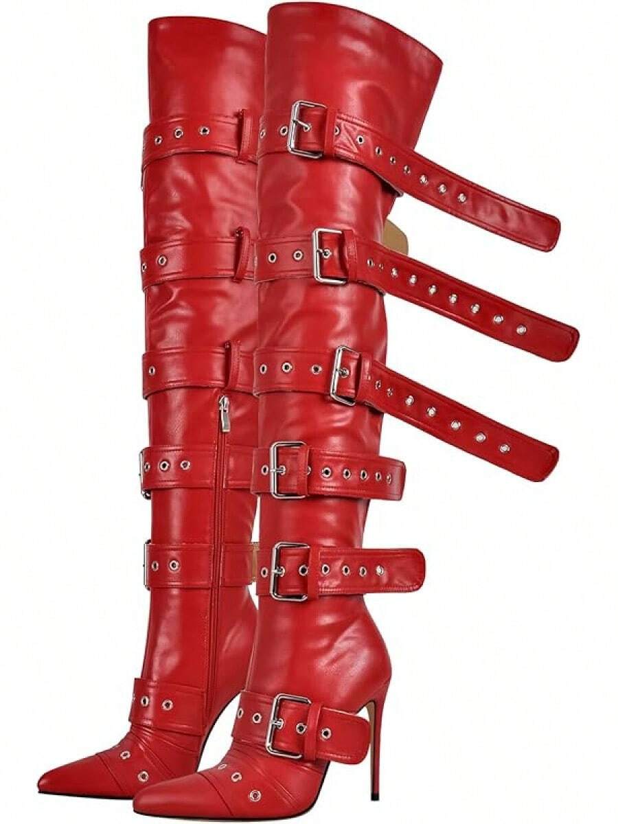 Multi Buckle Strap Over The Knee Pointed Toe Belts Stiletto Heeled Booty Thigh HighChristmas - 紅色 - 查看 1