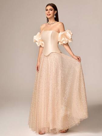 VIPGIRL 全新香槟色露肩手工花卉镂空肩部设计网眼拼布褶皱优雅奢华正式晚礼服