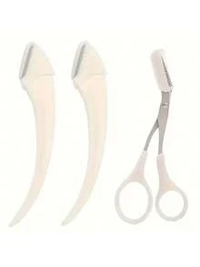 3件套修眉器套装，不锈钢弯头修眉刀，带梳子，适合初学者，任何肤质适用，男女通用脱毛配件，弯头修眉器