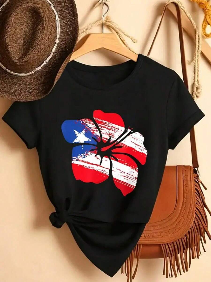 Women's Puerto Rico Flag And Hibiscus Flower Print T-Shirt - 180g Heavy Cotton Loose Short Sleeve Round Neck Casual Top, Suitable For All Seasons, Outdoor Travel And Puerto Rican Cultural Clothing, Machine Washable, Holiday And Daily Use Gift, Bright Red, White And Design, Suitable For Weekend Wear, With Floral And Flag Patterns, Suitable For All Seasons And Gift Giving - Black - View 1