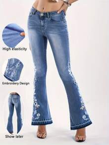 Women's Jeans, Floral Embroidered Flared Style, Casual And Versatile All Year Round, Washed Blue Women's Jeans. - Màu xanh lam - Xem 2