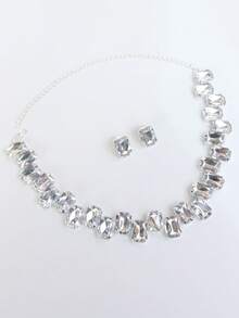 Set de collar y aretes de cristal cuadrado asimétrico, conjunto de joyas elegante y lujoso para vestido de noche de mujer - Plateado - Ver 3