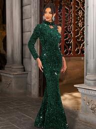 Romagic Helärmad Paljett Sammet Aftonklänning Stand Neck Blommig Spets Patchwork Spetsnät Elegant Formell Balklänning För Dam