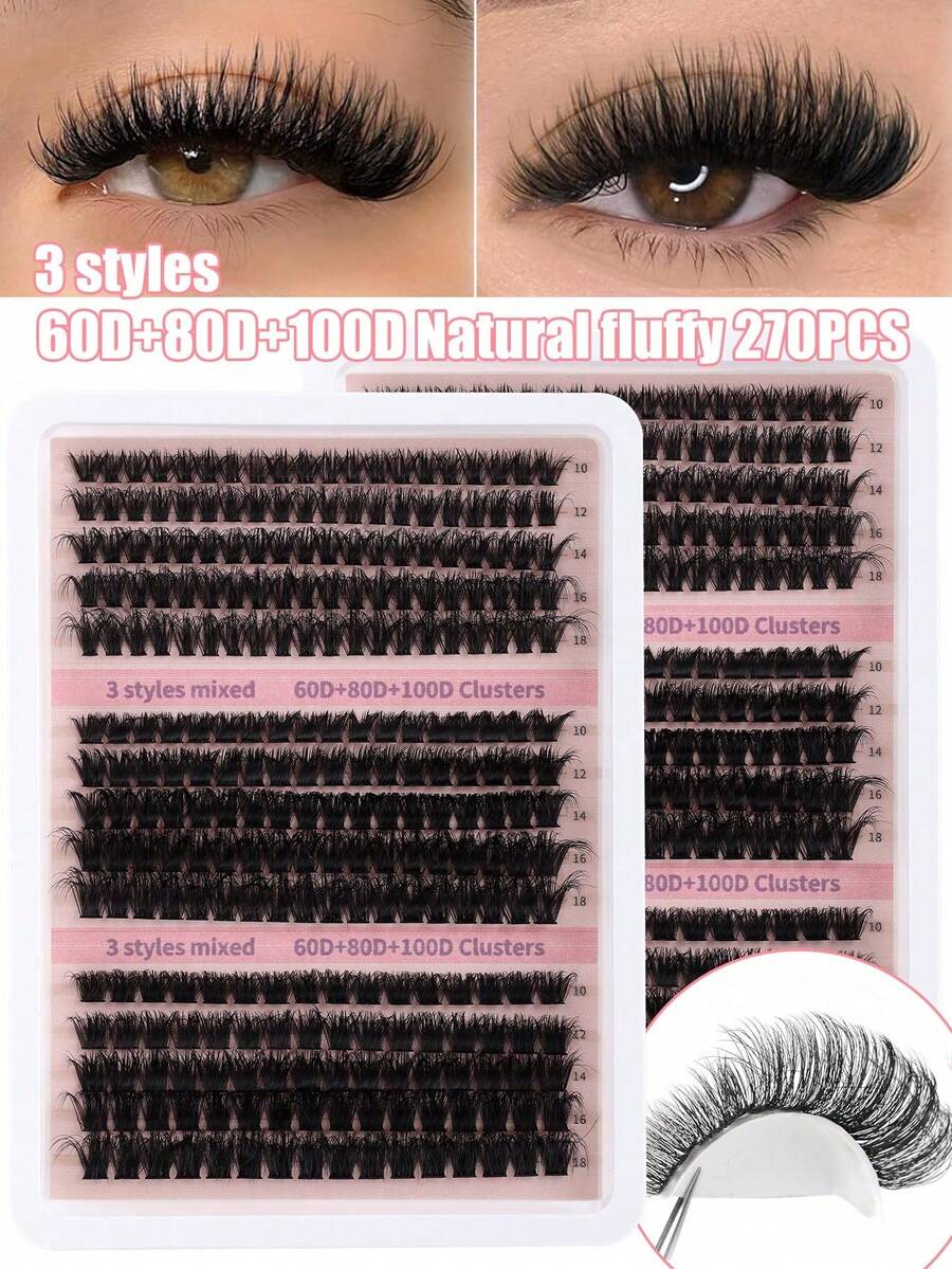 270Pcs Individual Lash Clusters High Capacity 60D+80D+100D D Curl 10-18mm DIY Lash Clusters Natural Look&Extra Thick&Wispy&Ultra Soft&Super Light Reusable Individual Segmented False Eyelashes Eyelash Extension Kit With Makeup Tools Bond And Seal&Lash Tweezers For Self Use At Home Or On-The-Go For Daily Life&Wedding&Dating&Party&Music Festival&Halloween - màu đen - Xem 1