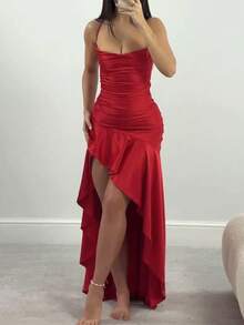Vestido de fiesta rojo de verano con espalda descubierta, volantes y cuello cuadrado, elegante, adecuado para citas, vacaciones y playa - Rojo - Ver 5