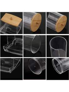 3pcs Cotton Swab Storage Box, Ball Pad Dispenser, Clear Acrylic Holder With Bamboo Lid, Bathroom Cosmetic Organizer Set - Multicolor - View 10