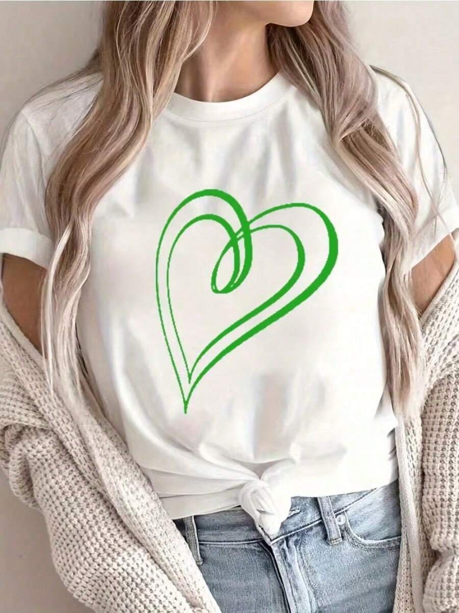 Camiseta informal de mujer con estampado de corazón verde, cómoda camiseta de manga corta y cuello redondo, adecuada para primavera y verano, fiestas navideñas y conjuntos de invierno, apropiada para cualquier ocasión, color liso, estilo informal, fiesta de Navidad, reunión familiar, uso diario. - Blanco - Ver 1