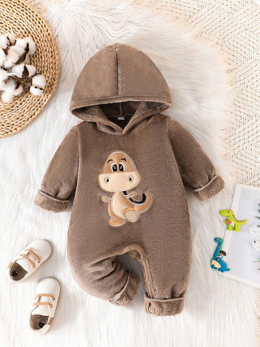 男宝宝秋冬新款舒适保暖双面抓绒恐龙刺绣图案长袖连帽连体衣套装（含裤子）