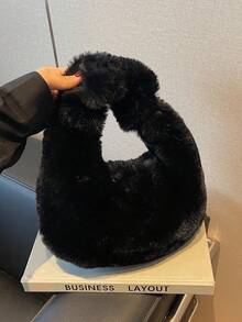 2025 New Plush Small Handbag For Women, High-Quality Versatile Fuzzy Tote Bag, Fashionable Student Shoulder Bag - Black - View 7