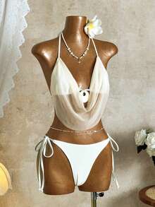 Women's Elegant Spaghetti Strap Draped Bikini Set, Tie Detail, Suitable For Summer Beach Vacation And Pool Party - Beige - View 4