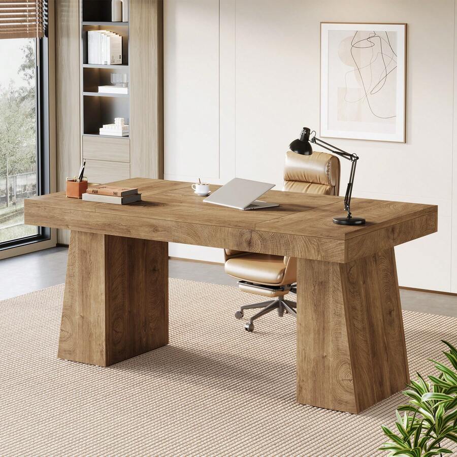 Tribesigns 55-Inch Executive Office Desk, Wooden Computer Desk With Double Pedestal, Modern Simple Writing Studying Table For Home Office - Light Brown - View 1