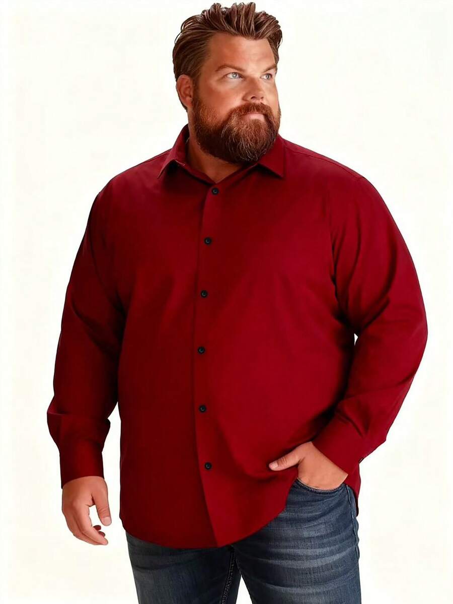 加大码男士长袖休闲衬衫，酒红色衬衫上衣，宽松多色长袖衬衫 - 酒紅色 - 查看 1