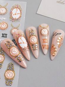 复古浮雕手表图案美甲贴纸，5D金色玫瑰金手表时钟扑克牌蝴蝶结数字图案压花自粘美甲装饰滑块美甲沙龙DIY用品 - 彩色 - 查看 6