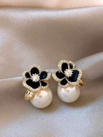1 par de pendientes de lujo con flor de rosa negra de rhinestone y perla, pendientes únicos y elegantes para mujeres