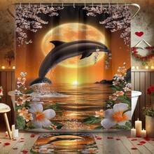 1/4 Stücke Springender Delfin Badezimmer Vorhang Set, beinhaltet 12 Haken Duschvorhang, rutschfester Teppich, Toilette-Sitzabdeckung, Badematte, wasserdichter waschbarer Duschvorhang, Badezimmer Dekoration, Badewannenvorhang, 180*180cm/70,8*70,8 Zoll - Verschiedenfarbig - Übersicht 9