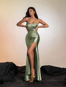 VIPGIRL Elegant Burgundy Strapless Satin Fitted Evening Gown, Featuring Ruched Details And High Slit, Floor-Length, Formal Evening Dress, Women's Formal Gown, Women's Ball Gown, Bodycon Dress - Mint Green - View 9