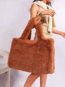 Long Strap Faux Fox Fur Tote - -Wide Large Capacity Tote Bag - Brown - View 3