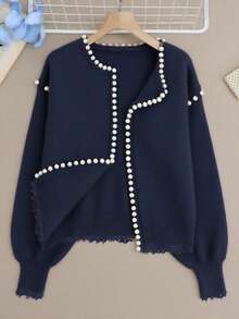 Cardigan de punto de unicolor con estampado, decoración de perlas, cuello redondo, mangas abullonadas tipo farol y bajo con volantes, adecuado para citas, desplazamientos diarios, vacaciones de primavera y reuniones - Azul Marino - Ver 6