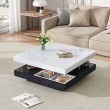 High-Gloss Tabletop, Functional Coffee Table, Living Room Table, 360° Rotatable, 2-Tier Rotating Tabletop With Storage Compartment, White Living Room Tabletop, Black Base 70*70*36 Cm - Black,White - View 4