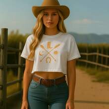 Cropped Feminina Blusa Country Rosa com Estampa Oeste Vintage Estilo Cowgirl - BRANCA/BEGE - Visão 1