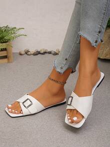 2025新款时尚女士平底凉鞋，方头系带套脚沙滩拖鞋 - 白色 - 查看 3