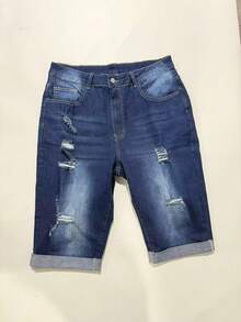 Plus Size Women's Cuffed Distressed Denim Jeans, Suitable For Work And Casual Occasions Summer - Blue - View 6