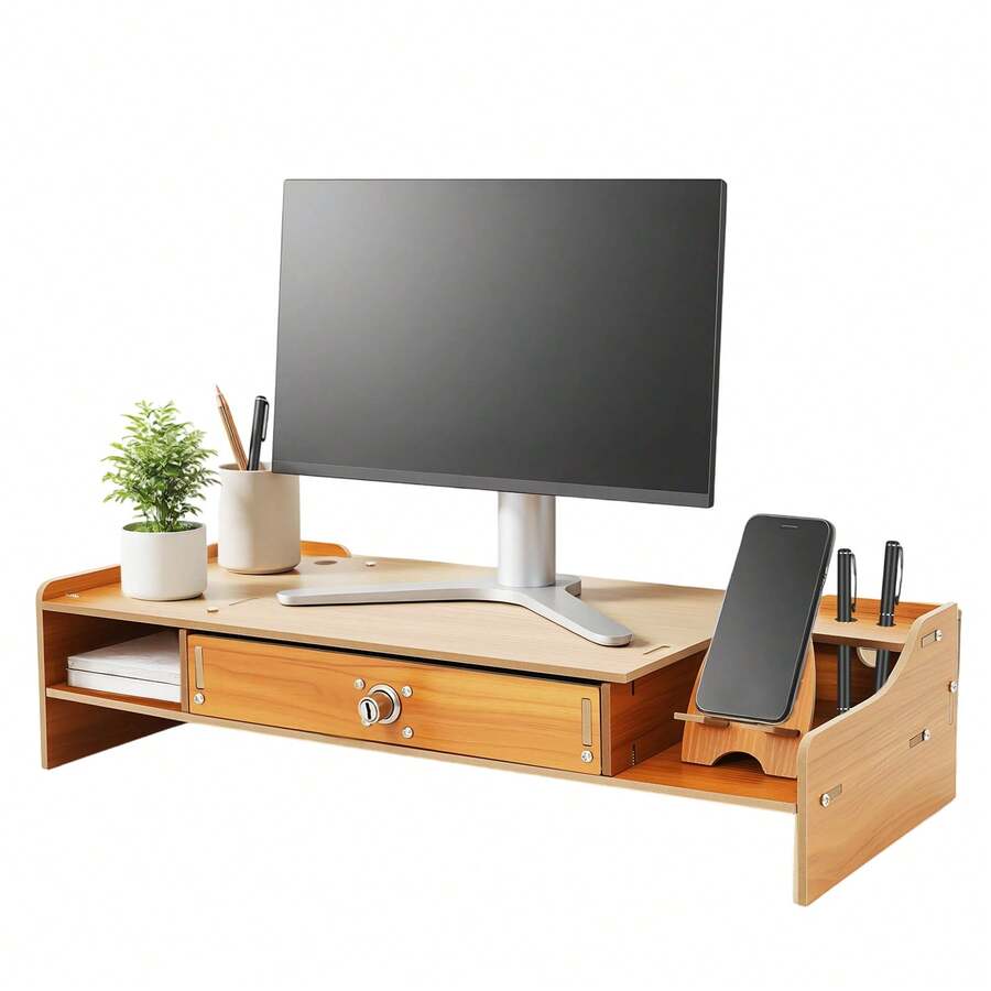 Computer Monitor Stand,  48*20*10.5cm Computer Rack With Lockable Drawer, Monitor Stand - 木頭 - 查看 1