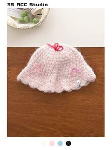 Minimalist Knitted Bucket Hat With Elegant White Bow, Women's Warm Ear Protection Large Head Circumference Knitted Hat, Sweet Cute Handmade Crochet Knitted Hat, Versatile Knitted Hat With Ear Protection, Bucket Hat