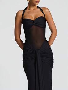 性感吊带露背收腰高开衩连衣裙，网纱拼接度假派对婚纱黑色春季款 - 黑色 - 查看 8