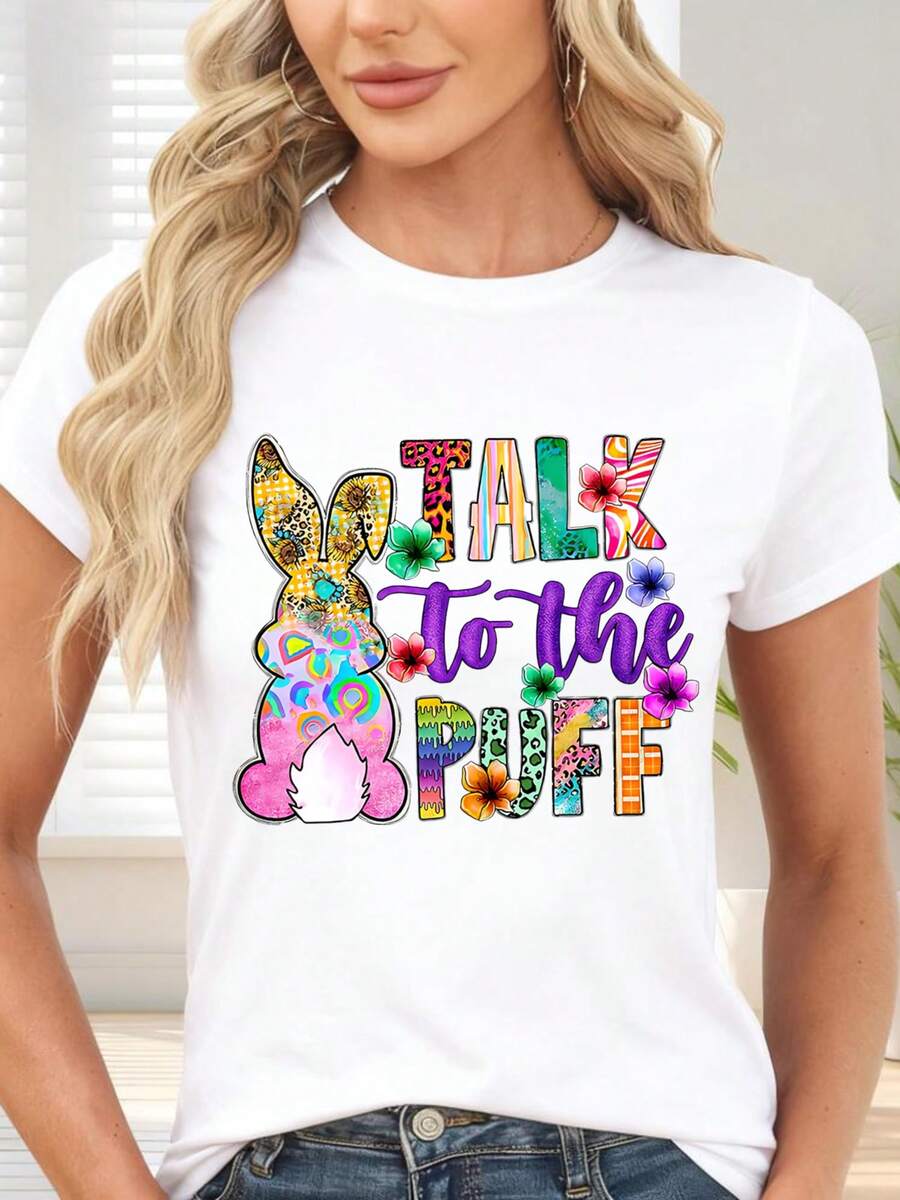 T-Shirt With Colorful Rabbit Print And The Phrase "Talk To The Puff" For Spring And Easter - White - View 1