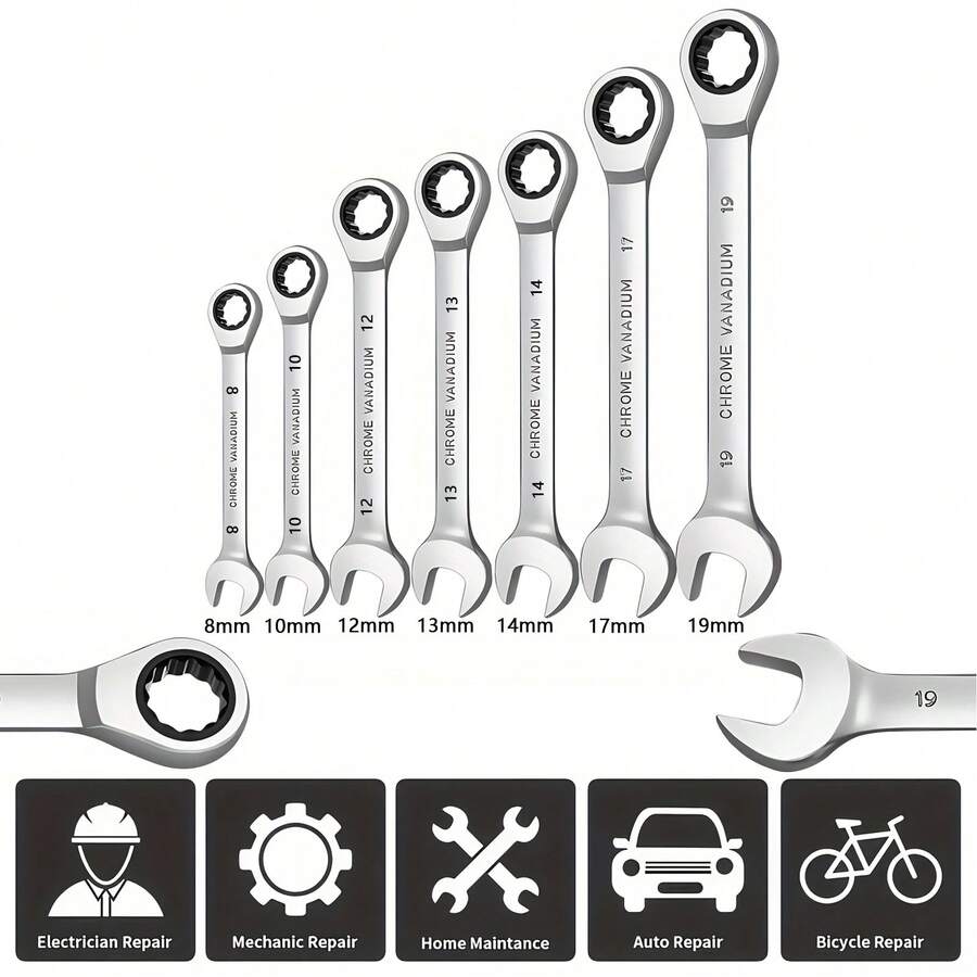 All-In-One Automotive Wrench Set With 7 Sizes, Durable Ratchet Design Perfect For Car Enthusiasts, Home Handymen & Christmas Gifts For Him - Silver - View 1