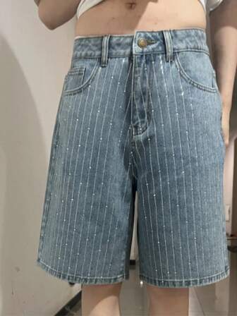 High-Waisted Slimming Denim Bermuda Shorts With Stripe & Rhinestone Embellishment | Vintage Distressed Design | Versatile Casual Mid-Length Capris | Must-Have Summer | Relaxed Straight Wide-Leg Fit | Streetwear Styling Essential