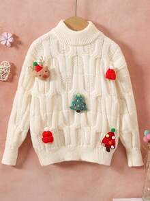 Suéter natalino infantil, blusa de manga comprida com estampa natalina 3D, ideal para meninas, primavera/outono. - Branco - Ver 1