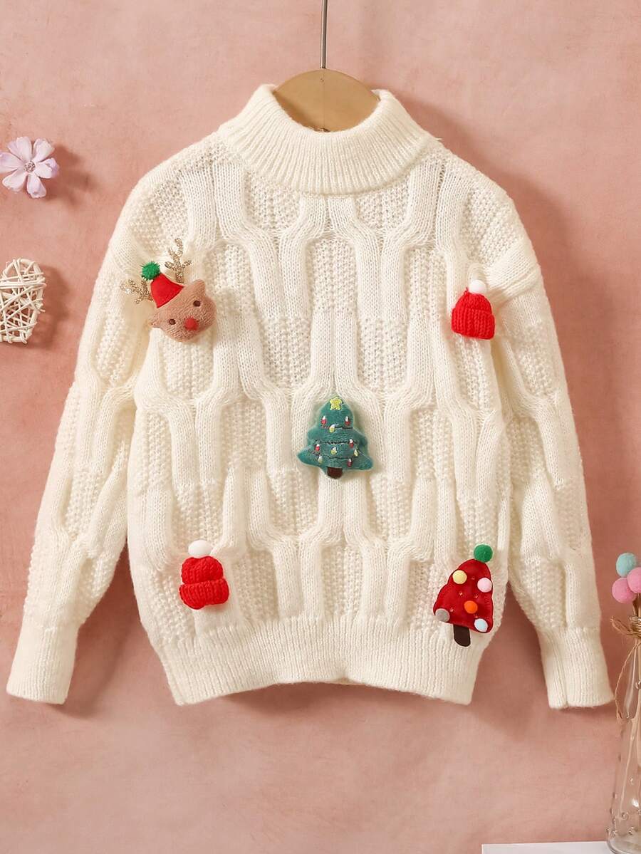 Suéter natalino infantil, blusa de manga comprida com estampa natalina 3D, ideal para meninas, primavera/outono. - Branco - Ver 1