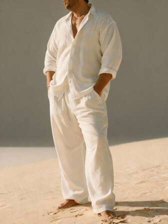 Conjunto de 2 piezas de talla grande para hombre, camisa de manga larga con cremallera y cuello solapa deunicoloro, y pantalón con cordón en la cintura, conjunto esencial de vestimenta ejecutiva para otoño