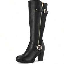 PENNYSUE Women's Knee High Boots, Fashion Chunky Block Heel Warm Winter Boots With Side Zipper For Office And Casual Wear - Pu đen - Xem 7