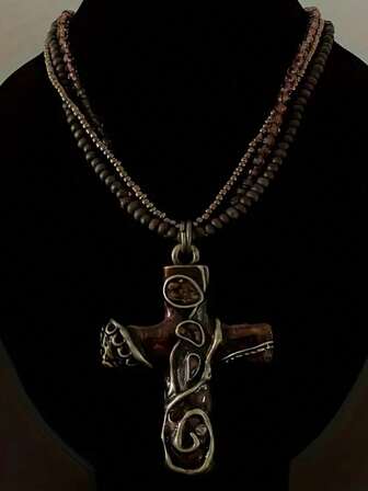 1件哥特风优雅复古时尚奢华波西米亚风十字架镶嵌宝石多层吊坠项链，适合女性日常佩戴、节日、派对、街头时尚。