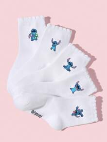Disney Stitch 兒童女童襪 5雙裝 春夏四季通用 英倫學院風 荷葉邊泡泡袖口 百褶襪 愛心星星卡通 Stitch 圖案裝飾 時尚個性 柔軟透氣 舒適吸濕排汗 防異味 白色運動中筒襪 休閒百搭 適合旅行/親子活動/校園穿搭/日常穿著 - 彩色 - 查看 2