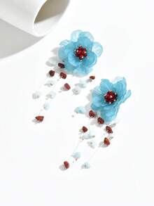 1 Pair Elegant Retro Exaggerated Sexy Bohemian Red Heart Wave Flower Shape DIY Handmade Woven Small Stone Small Shell Imitation Jade Resin Asymmetric Synthetic Resin Tassel Pendant Copper Earrings, New Added Faux Pearl Resin Woven Flower Tassel Earrings, Alloy Flower Center Woven Tassel Earrings, Light Pink Transparent Petal Tassel Earrings - Multicolor - View 4